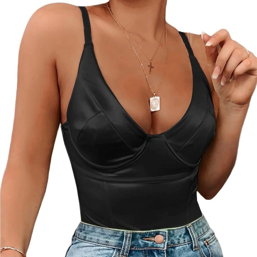 Sexy Deep V Neck Satin Bodysuit
